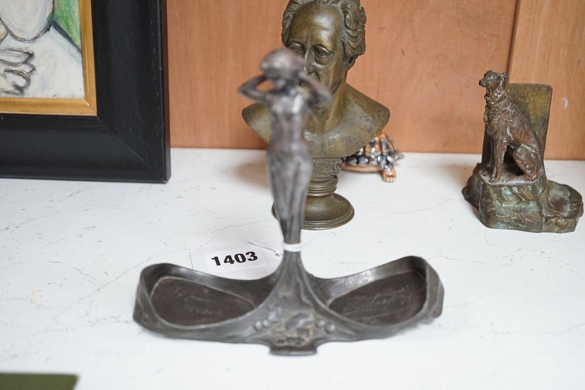 A Bruce Bainsfather Cast brass bottle stopper, 13cm, WMF cruet stand and 7 other items